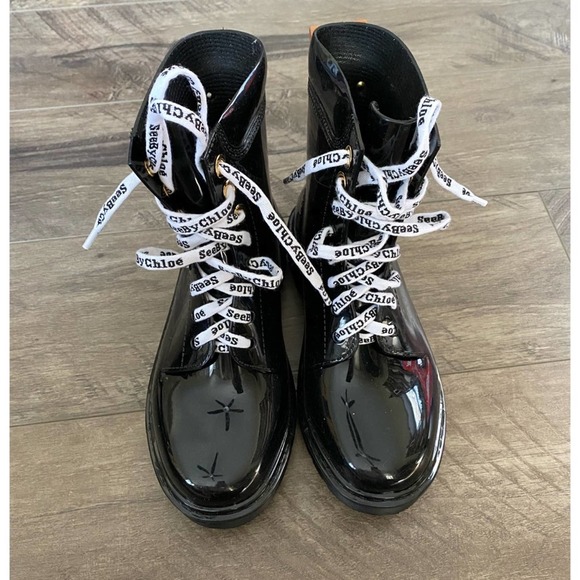 See by Chloe Florrie Rain Boots black 37 logo lace combat style - Picture 2 of 5